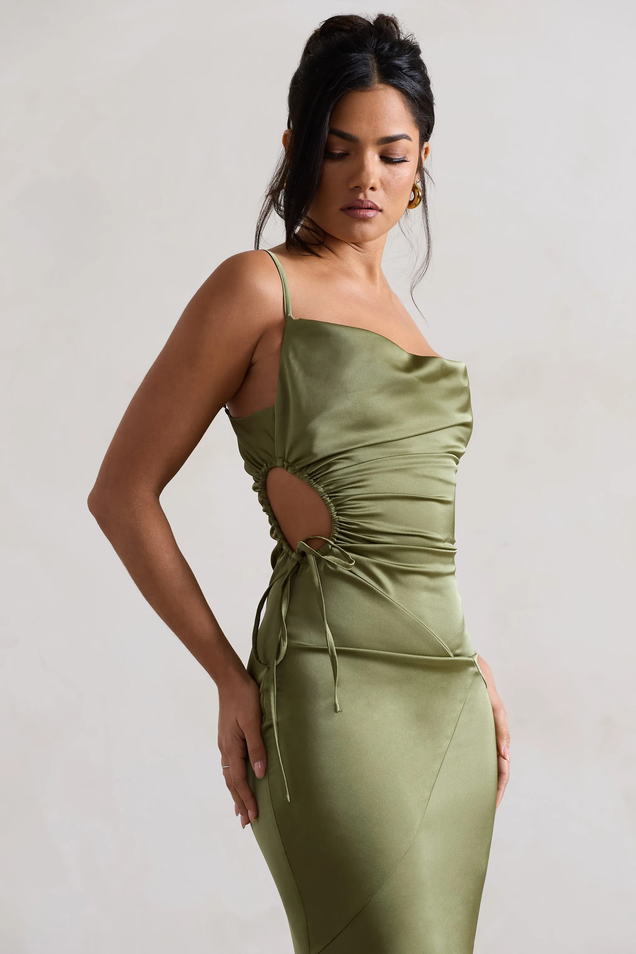 Carter | Olive Green Satin Cowl-Neck Maxi Dress With Cut-Out