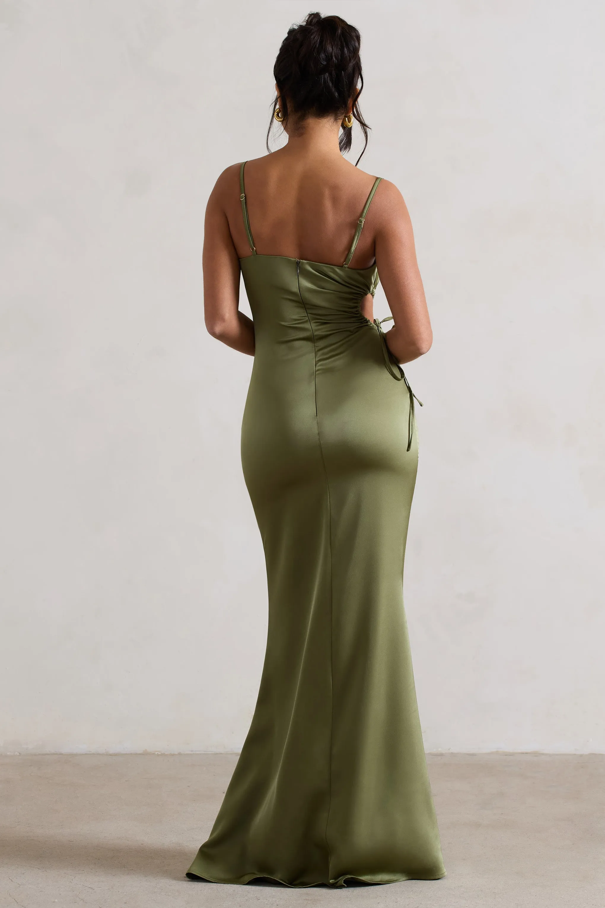 Carter | Olive Green Satin Cowl-Neck Maxi Dress With Cut-Out