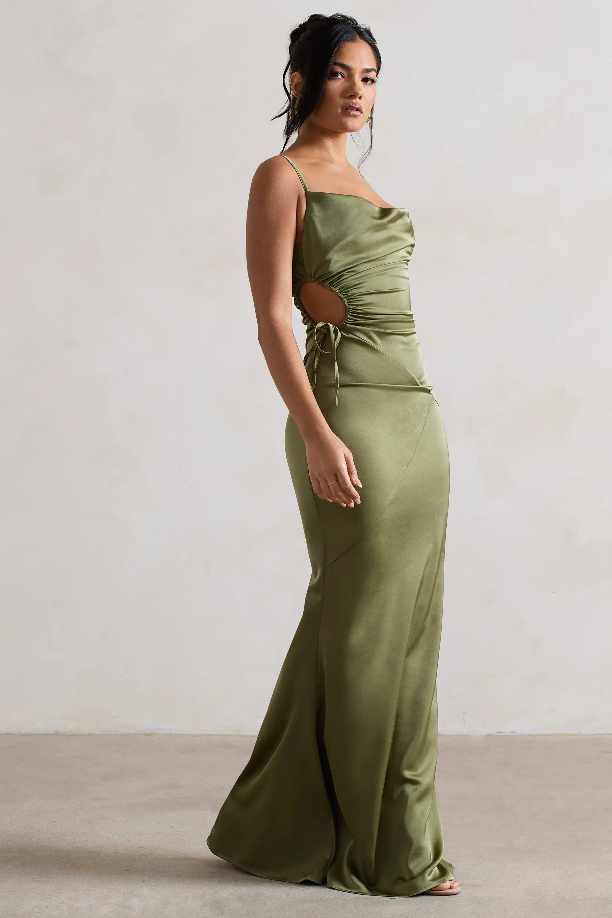 Carter | Olive Green Satin Cowl-Neck Maxi Dress With Cut-Out