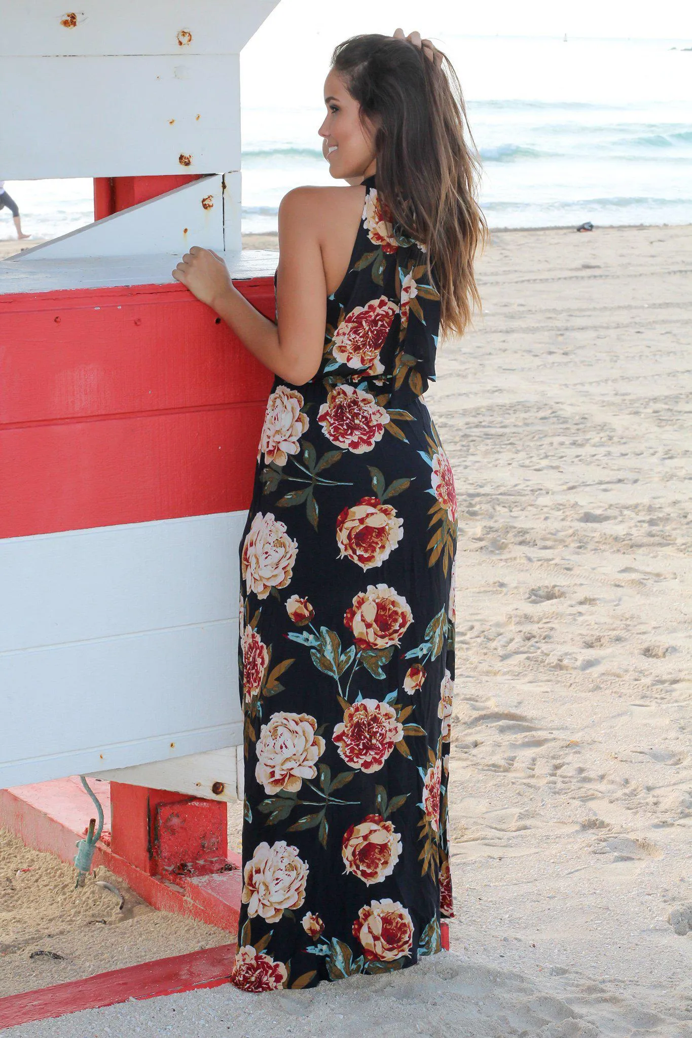 Charcoal Floral Halter Neck Maxi Dress