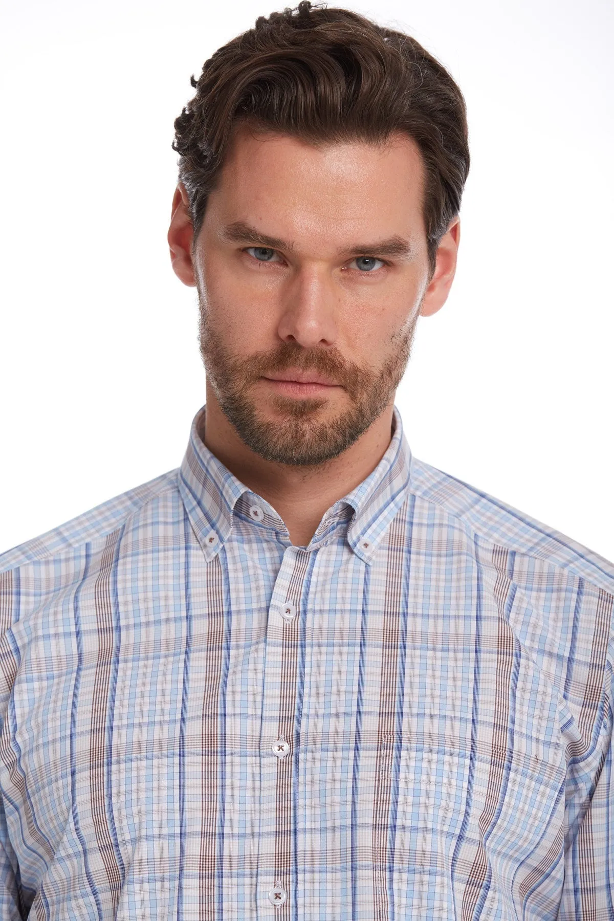 Classic Fit Long Sleeve Cotton Brown Plaid Casual Shirt