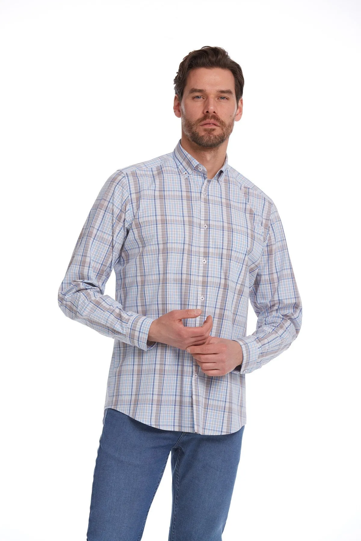 Classic Fit Long Sleeve Cotton Brown Plaid Casual Shirt