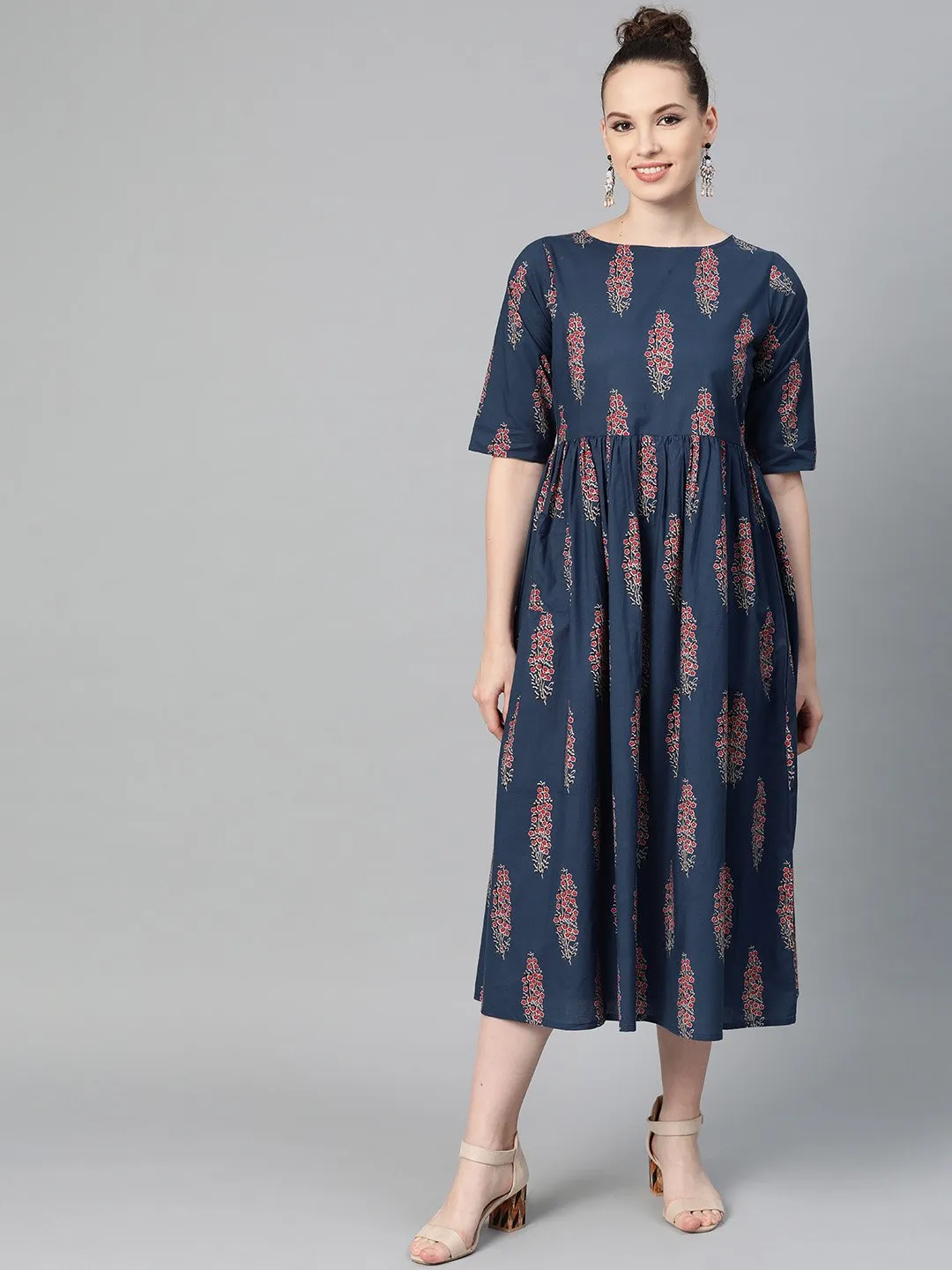 Cobalt Blue & Red Printed Floral Maxi Dress Round Neck & Half Sleeves