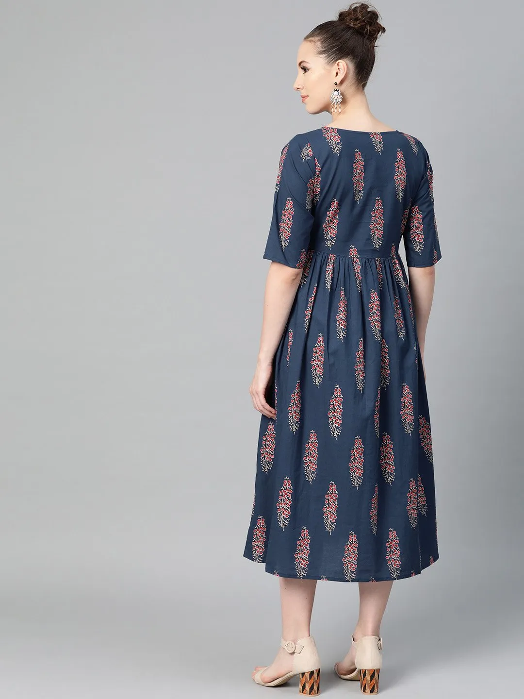 Cobalt Blue & Red Printed Floral Maxi Dress Round Neck & Half Sleeves