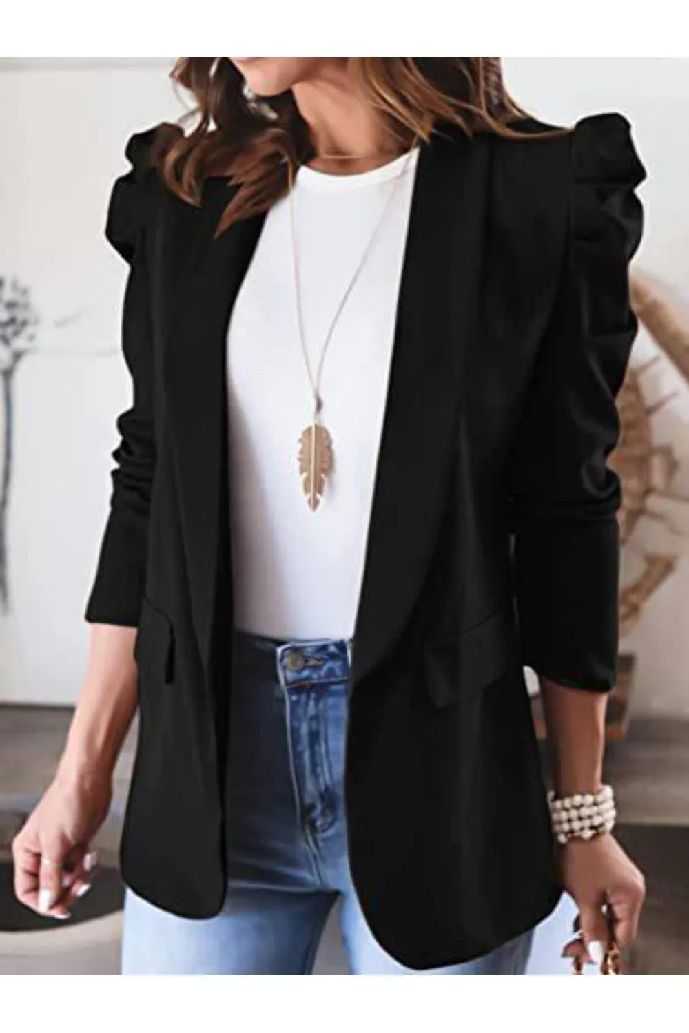 Collared Neck Puff Sleeve Blazer