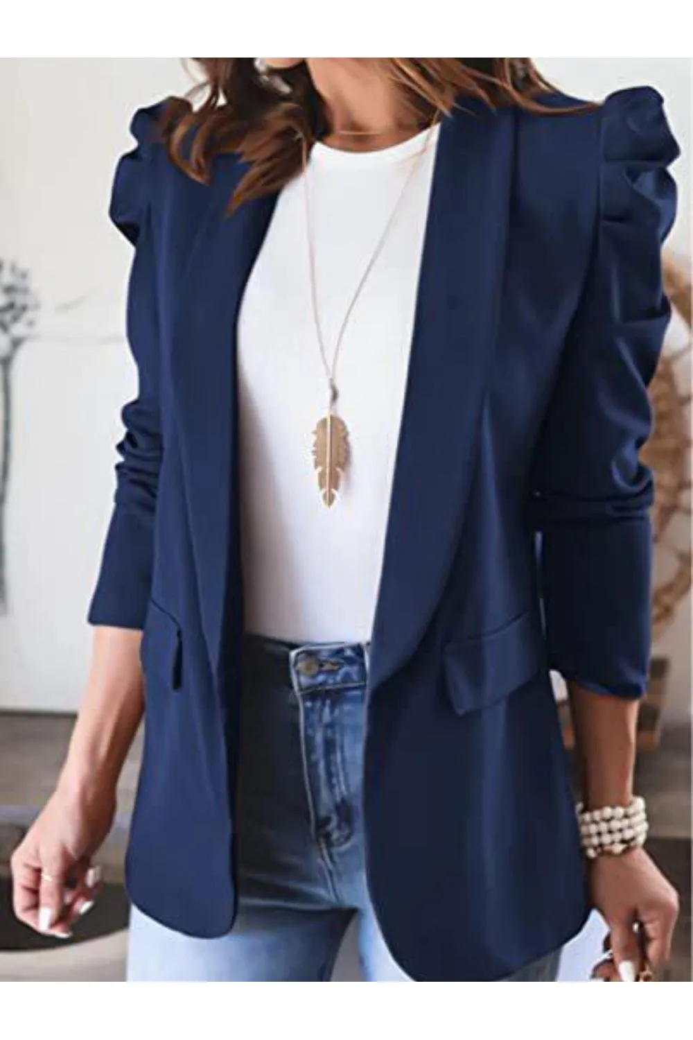 Collared Neck Puff Sleeve Blazer