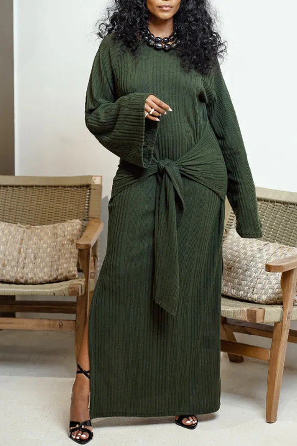 Cozy Tie Front Rib-knit Maxi Dress