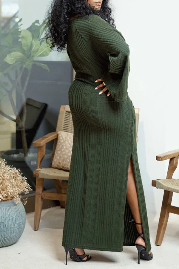 Cozy Tie Front Rib-knit Maxi Dress