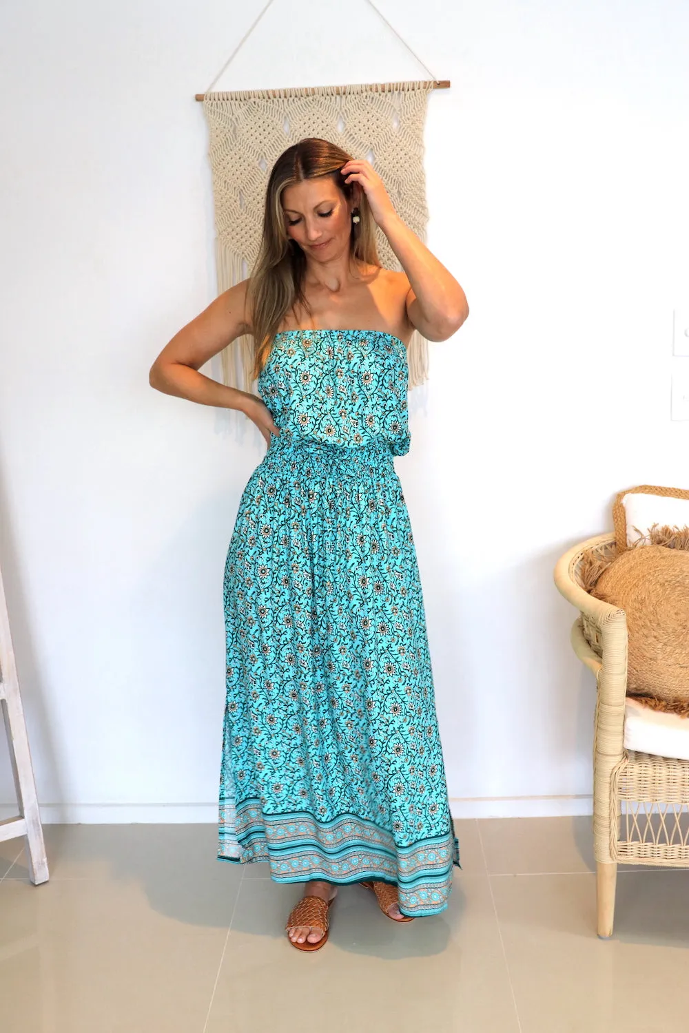 Daytripper Tube Maxi Dress In Cottage Vine Aqua