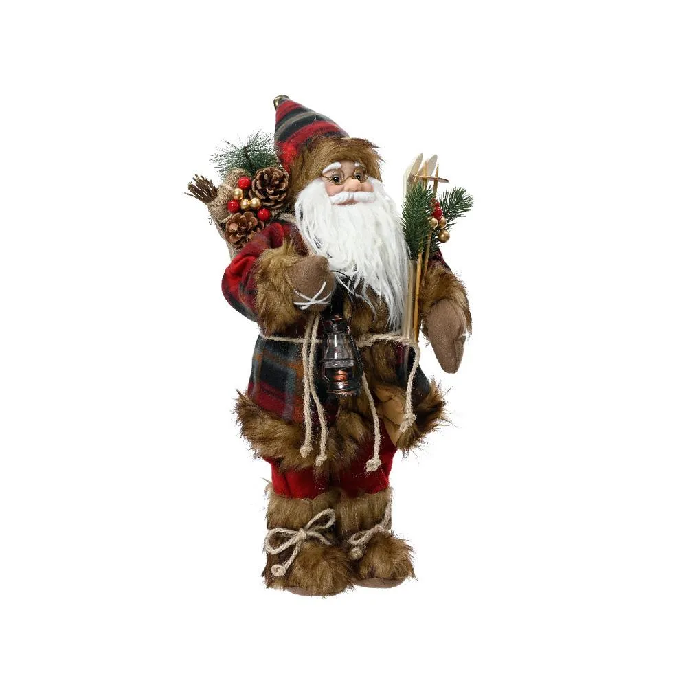 Decoris Polyester Santa Figure with Checkered Patterned Coat and Skis 45cm