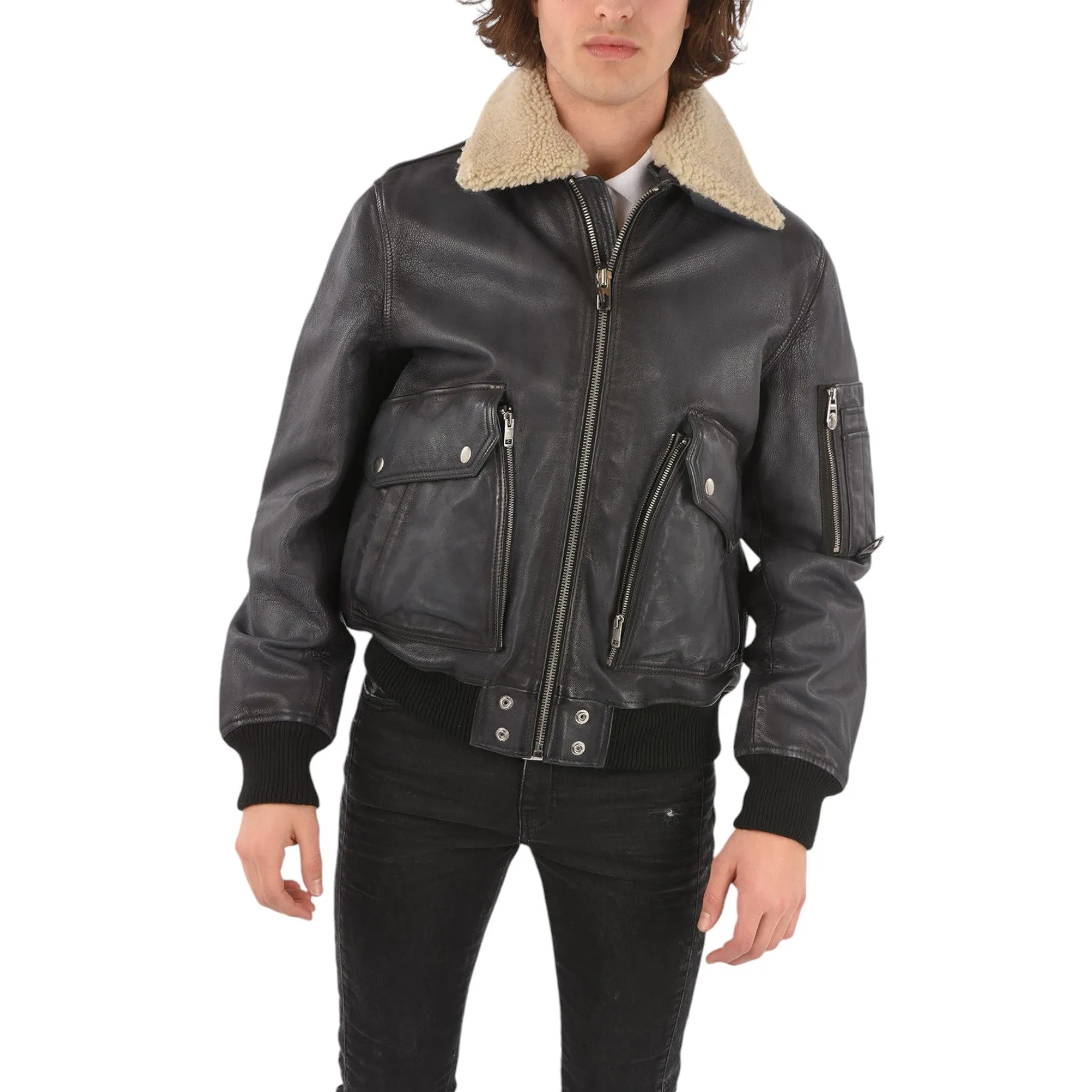 DIESEL L-STEPHEN Mens Leather Jacket Aviator Casual Biker Fur Collared Coat