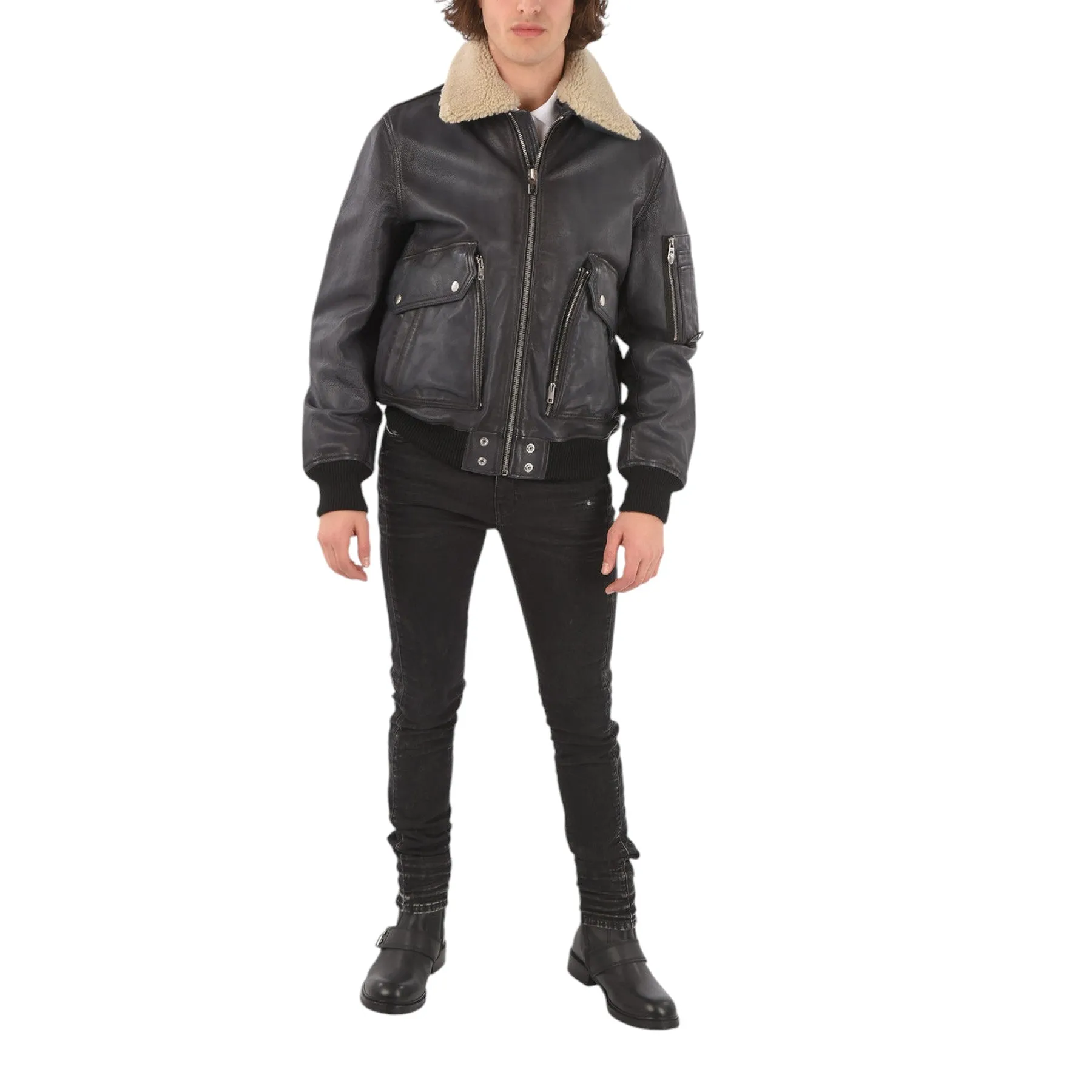 DIESEL L-STEPHEN Mens Leather Jacket Aviator Casual Biker Fur Collared Coat