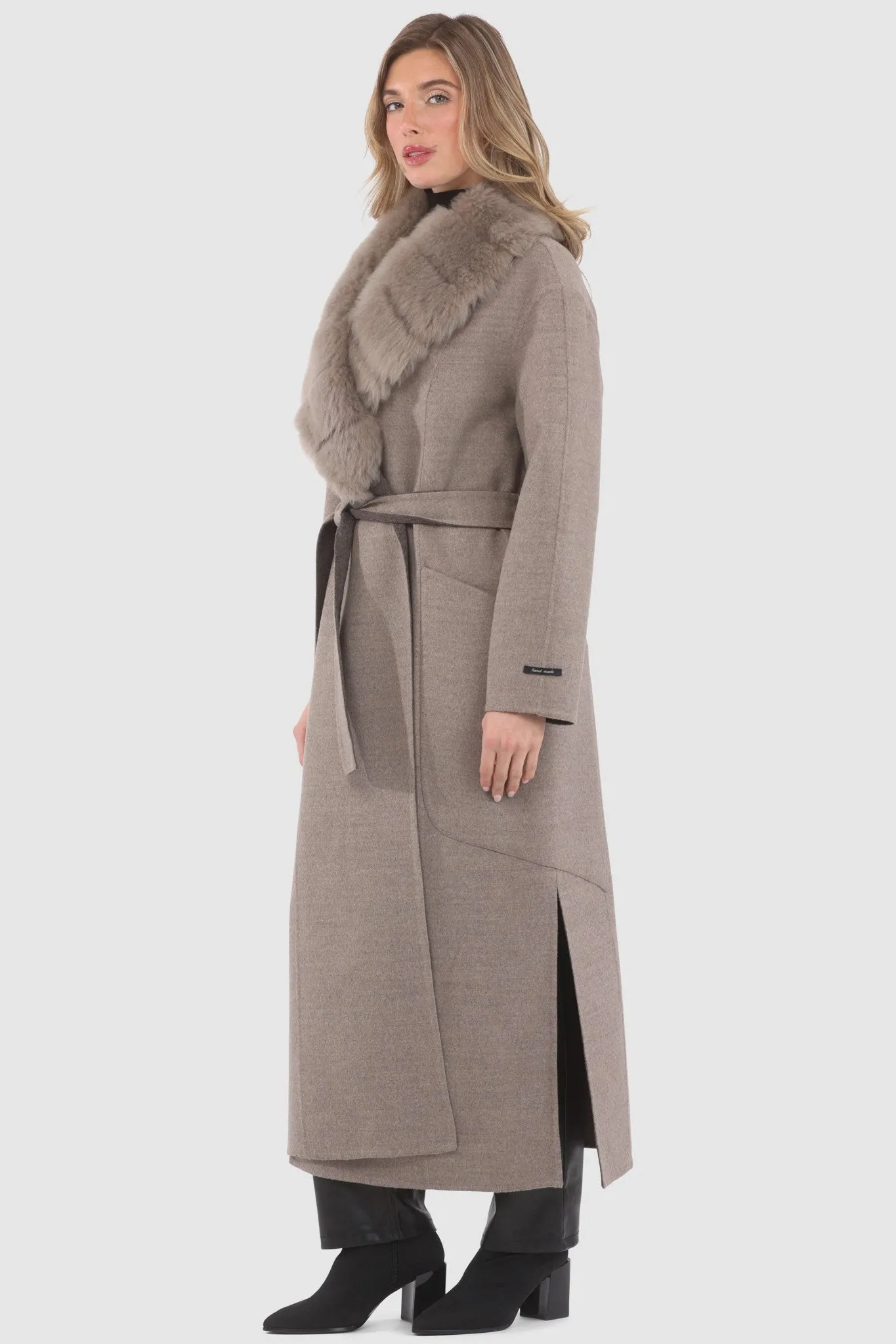 Double Face Loro Piana Cashmere & Wool Coat with Detachable Merinillo Shearling Lamb Collar, Belt