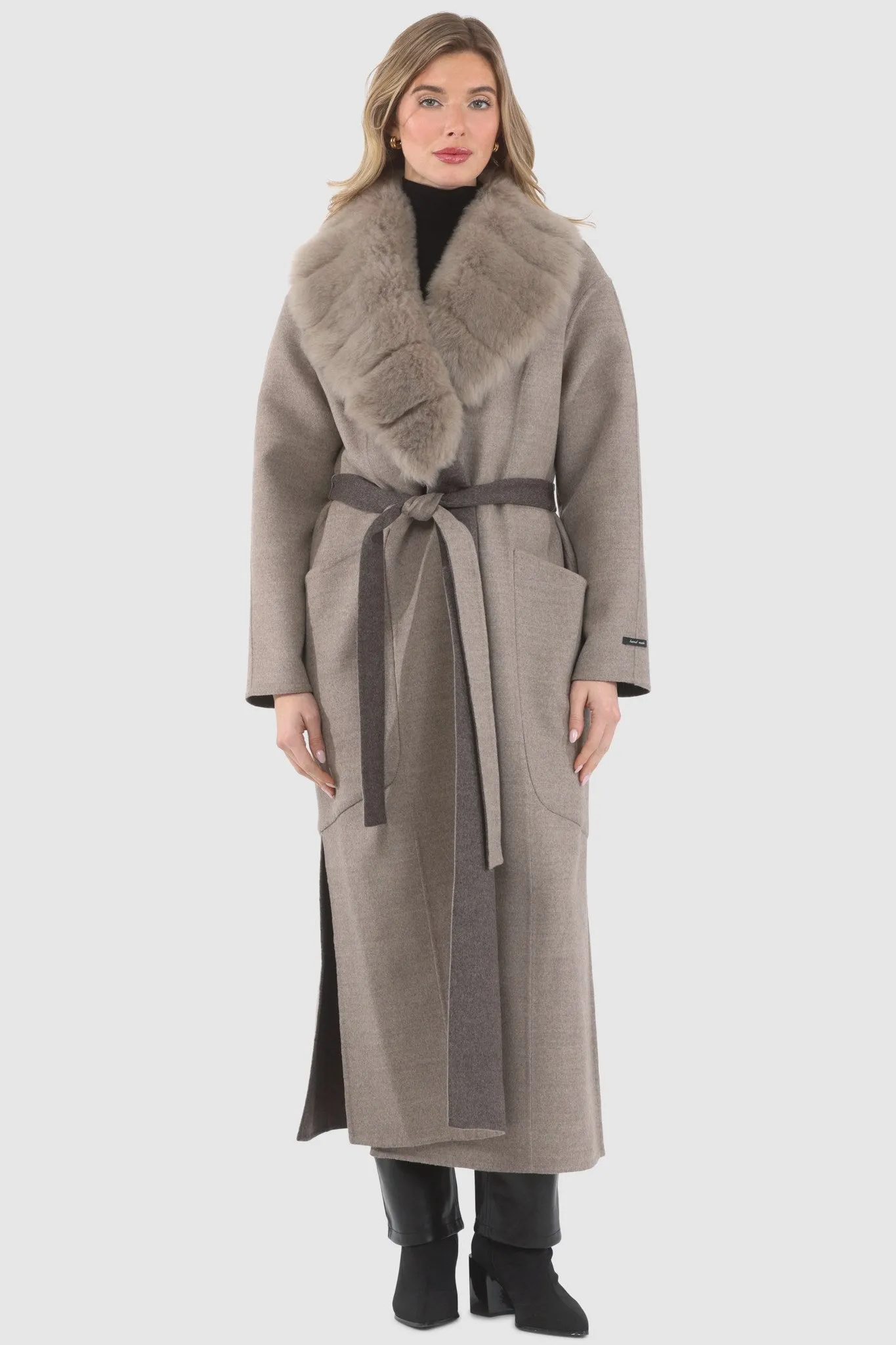 Double Face Loro Piana Cashmere & Wool Coat with Detachable Merinillo Shearling Lamb Collar, Belt