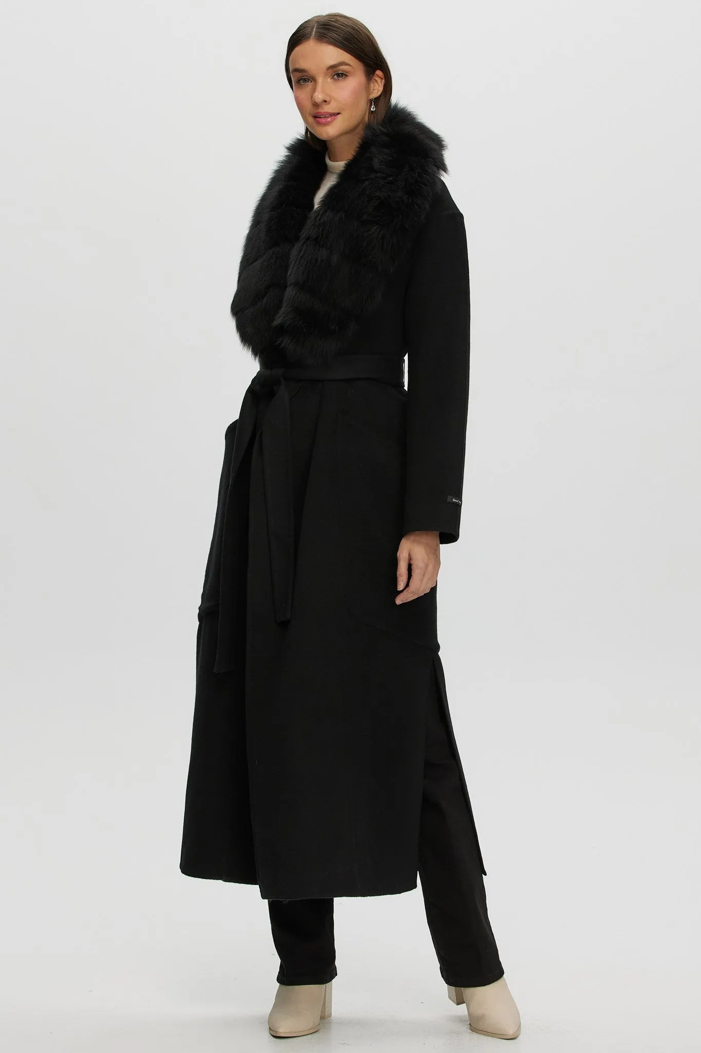 Double Face Loro Piana Cashmere & Wool Coat with Detachable Merinillo Shearling Lamb Collar, Belt