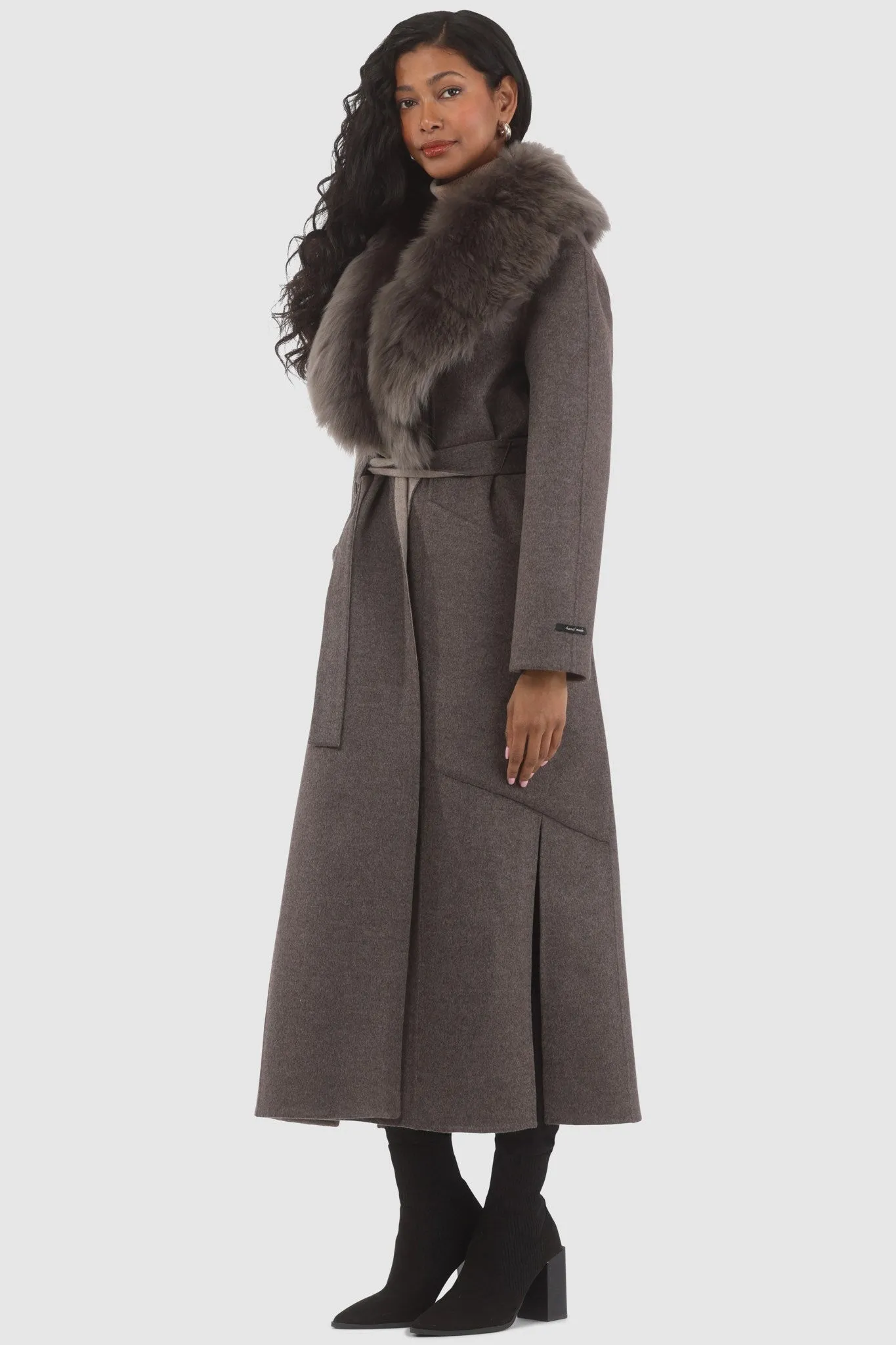 Double Face Loro Piana Cashmere & Wool Coat with Detachable Merinillo Shearling Lamb Collar, Belt