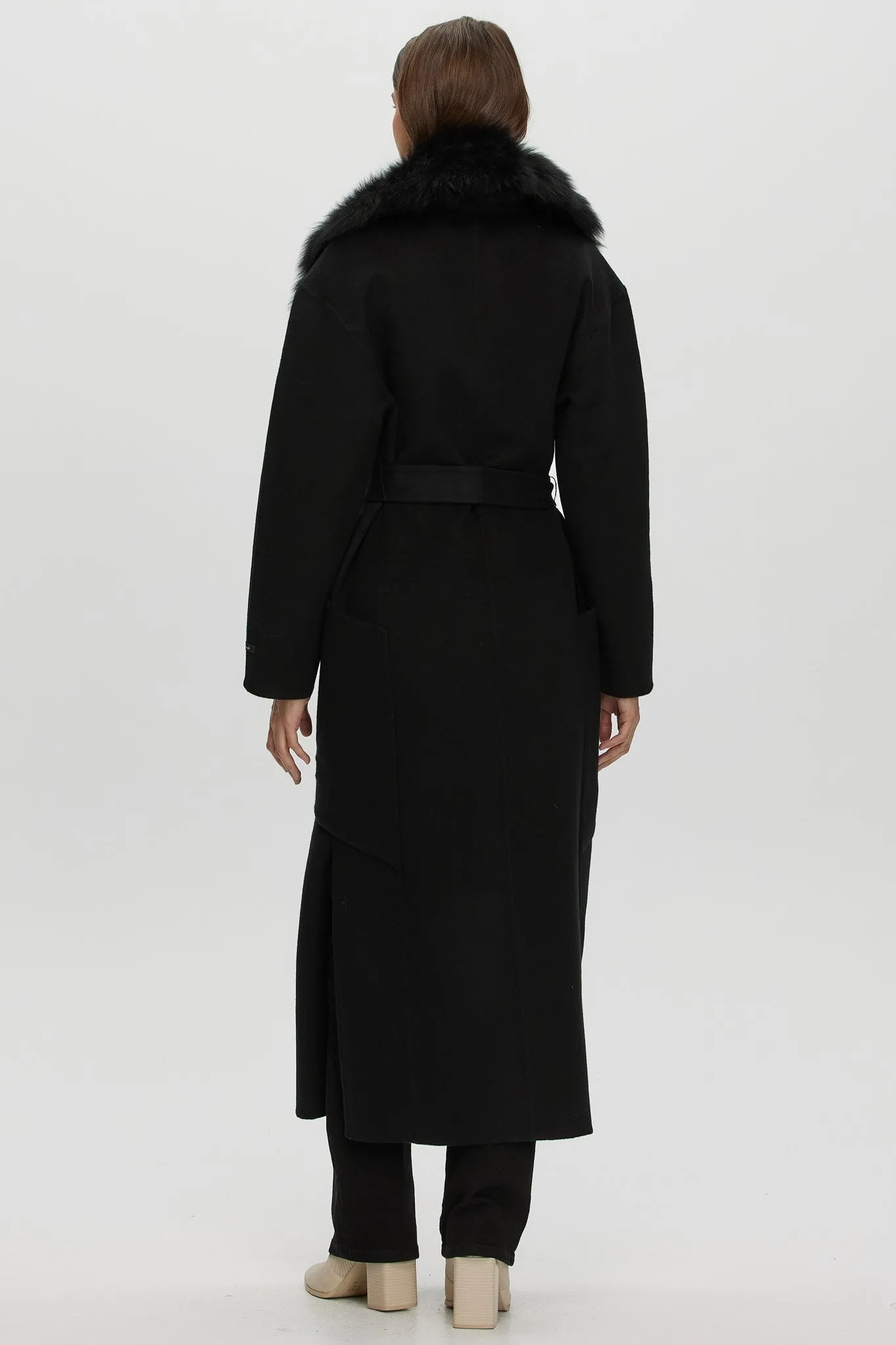 Double Face Loro Piana Cashmere & Wool Coat with Detachable Merinillo Shearling Lamb Collar, Belt