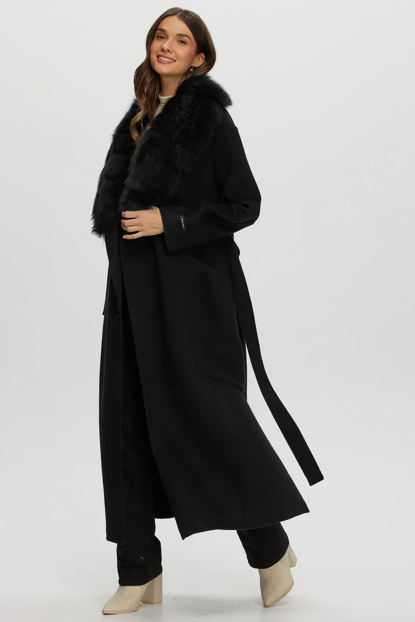 Double Face Loro Piana Cashmere & Wool Coat with Detachable Merinillo Shearling Lamb Collar, Belt