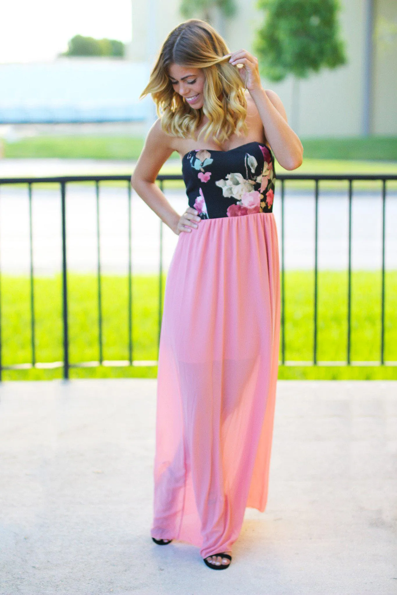 Dusty Pink Maxi Dress With Floral Top