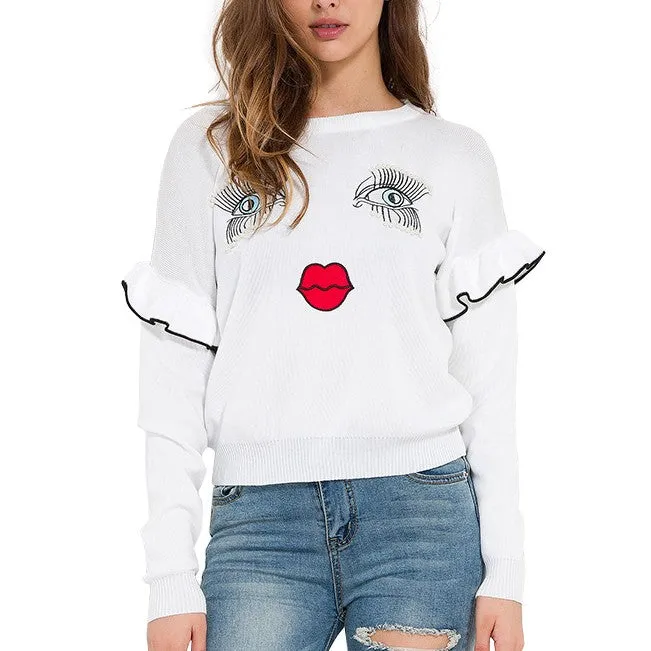 Embroidered Face with Beads Ruffles Long Sleeve