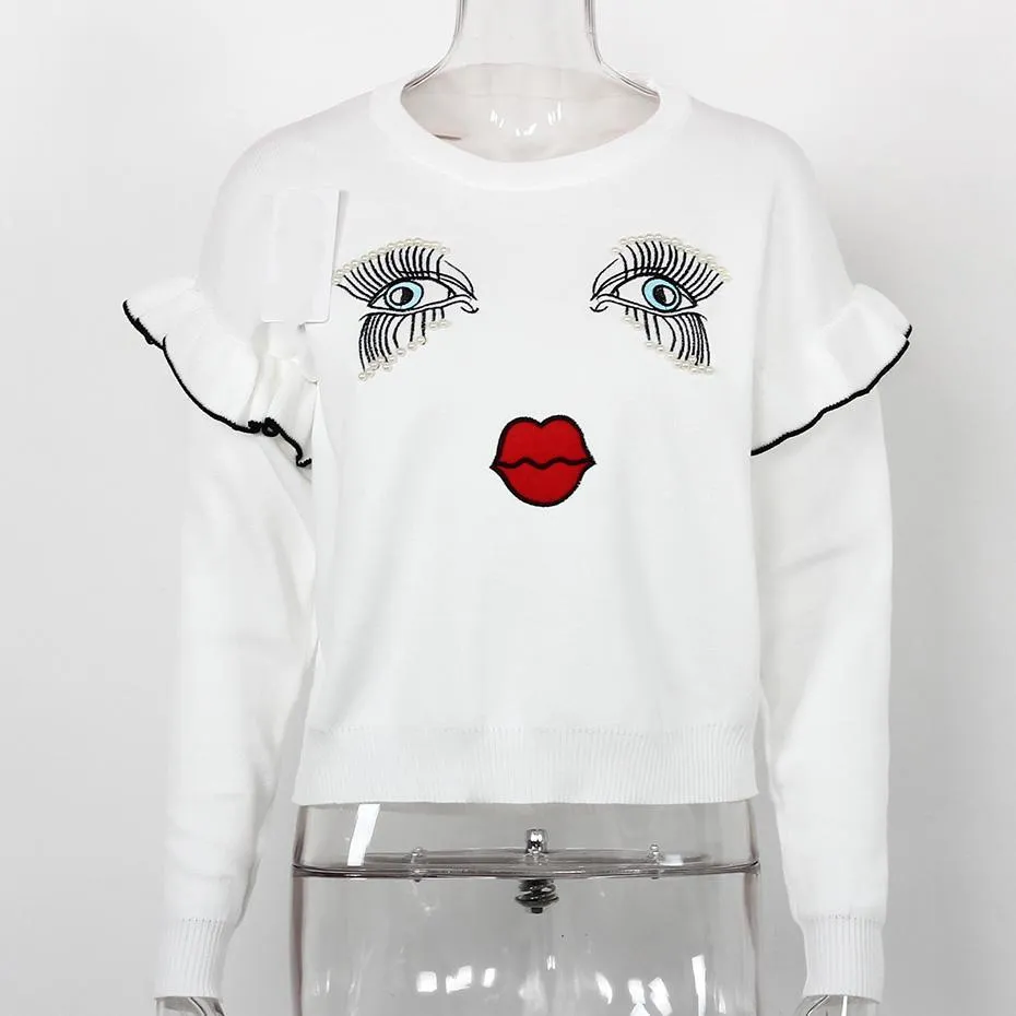 Embroidered Face with Beads Ruffles Long Sleeve