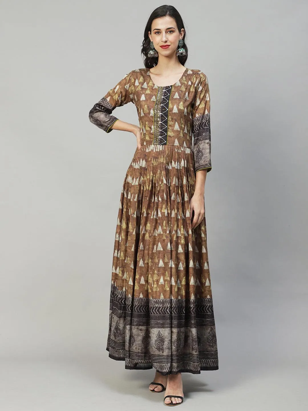 Ethnic Printed & Hand Embroidered Flared Maxi Dress - Olive Green