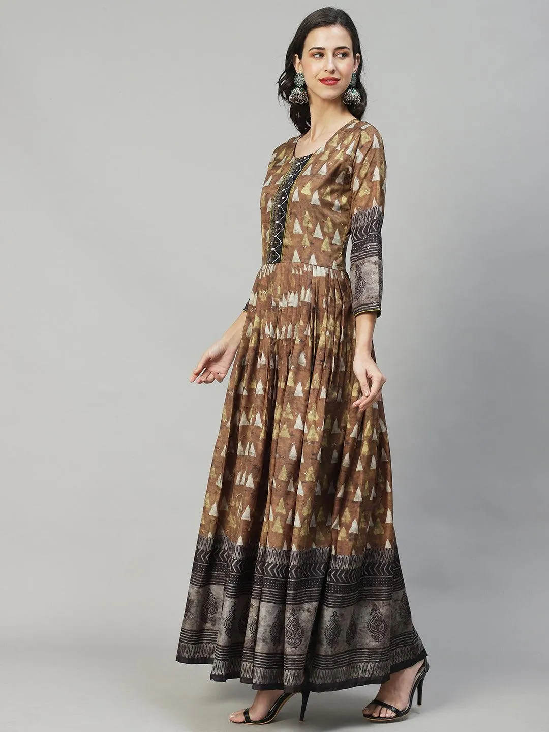 Ethnic Printed & Hand Embroidered Flared Maxi Dress - Olive Green