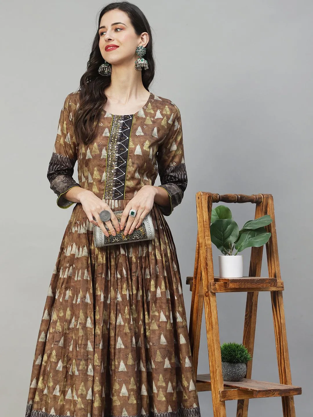 Ethnic Printed & Hand Embroidered Flared Maxi Dress - Olive Green