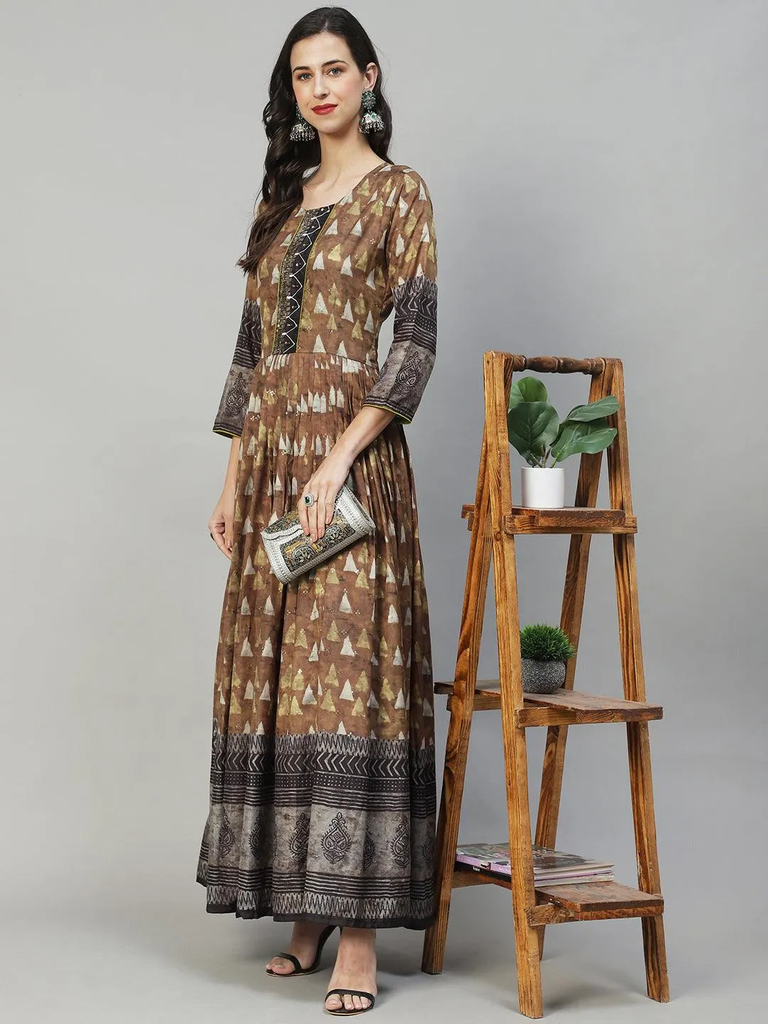 Ethnic Printed & Hand Embroidered Flared Maxi Dress - Olive Green