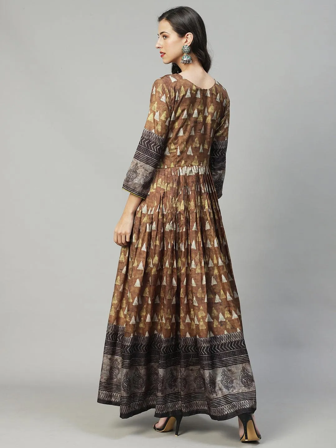 Ethnic Printed & Hand Embroidered Flared Maxi Dress - Olive Green