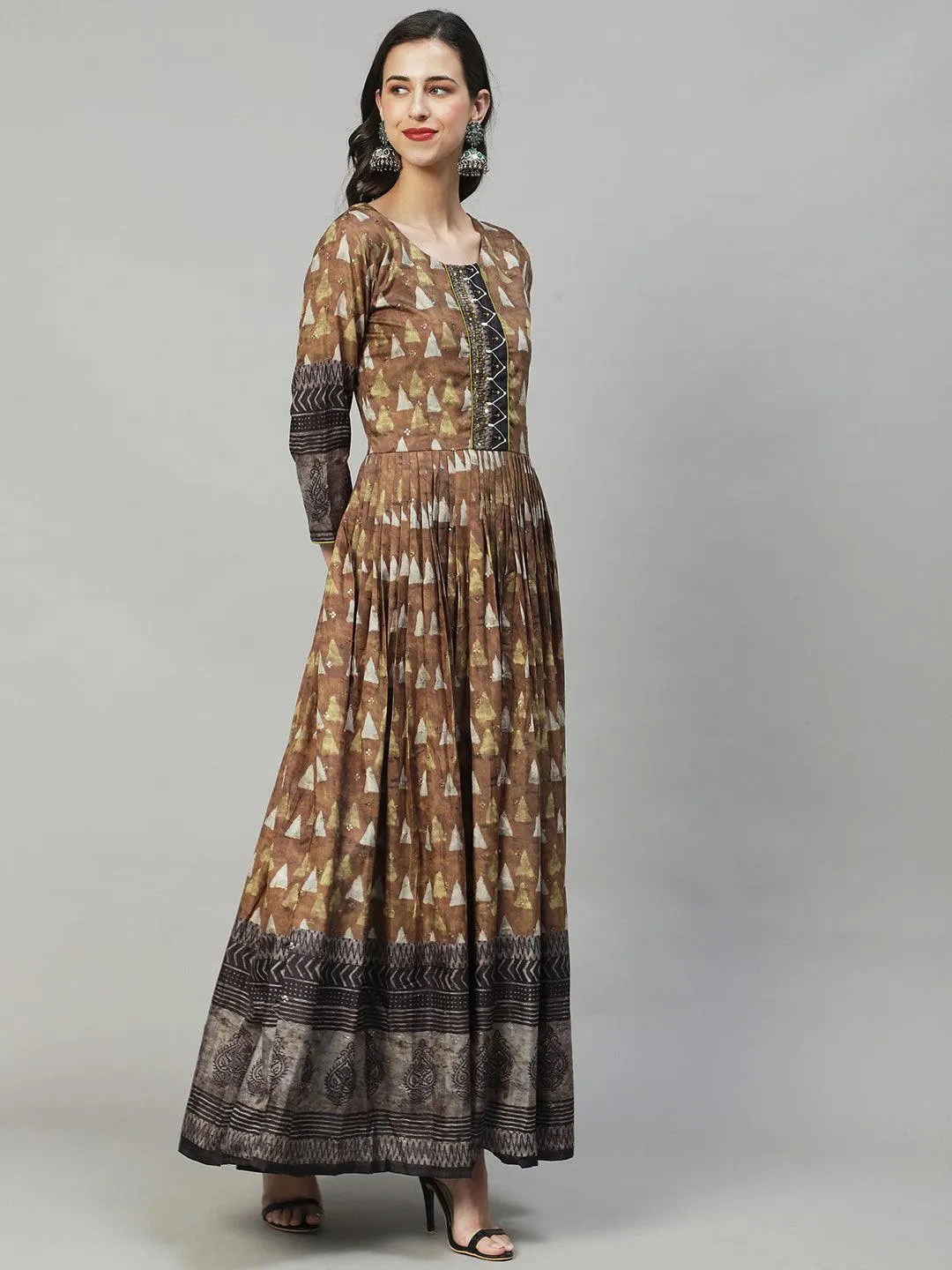 Ethnic Printed & Hand Embroidered Flared Maxi Dress - Olive Green