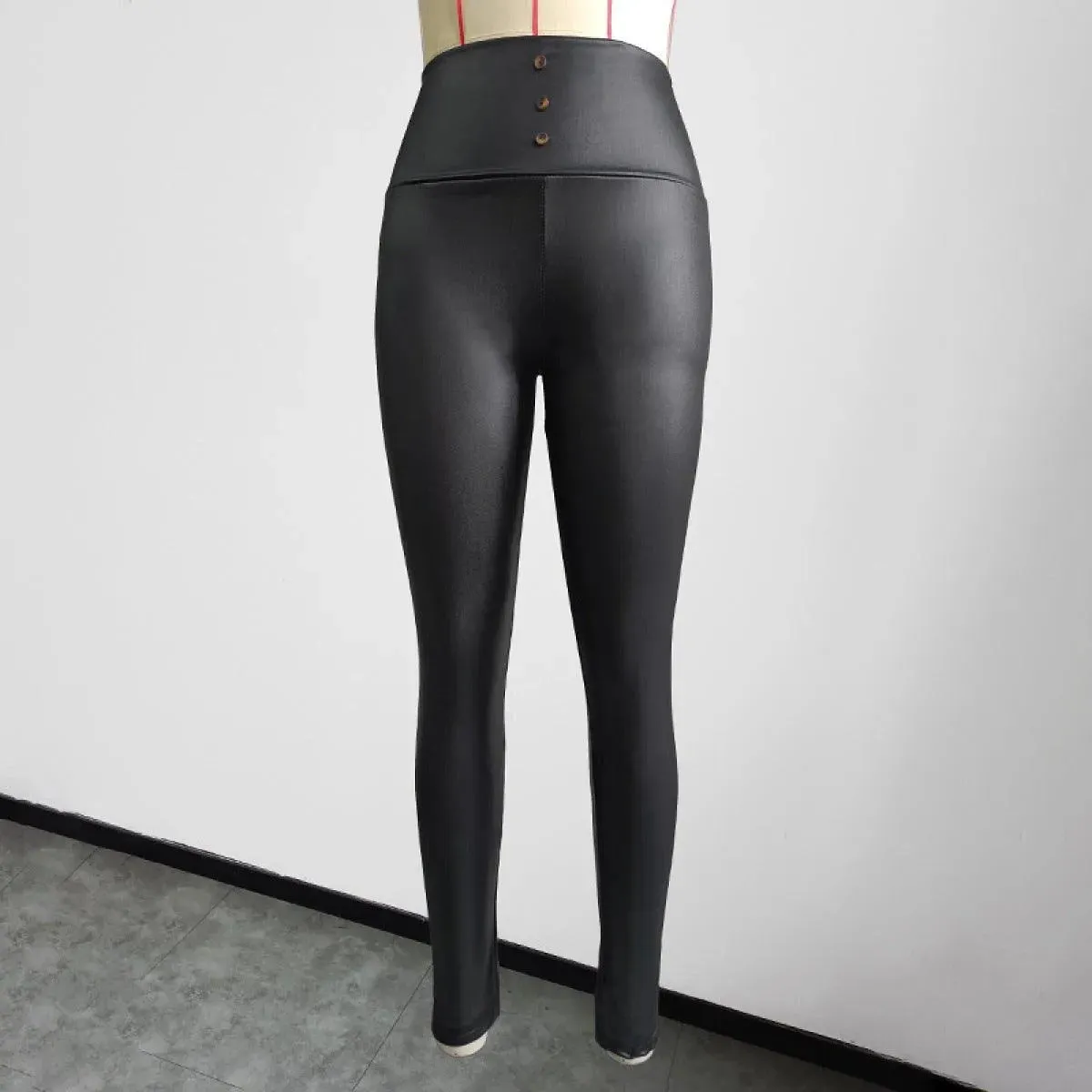 Faux Leather Pants in Black High Waist Elastic Buttoned