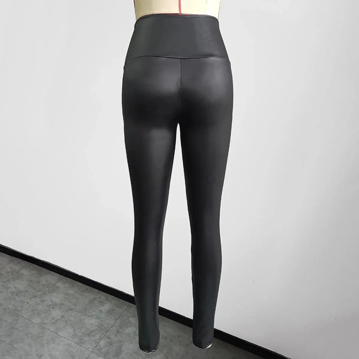 Faux Leather Pants in Black High Waist Elastic Buttoned