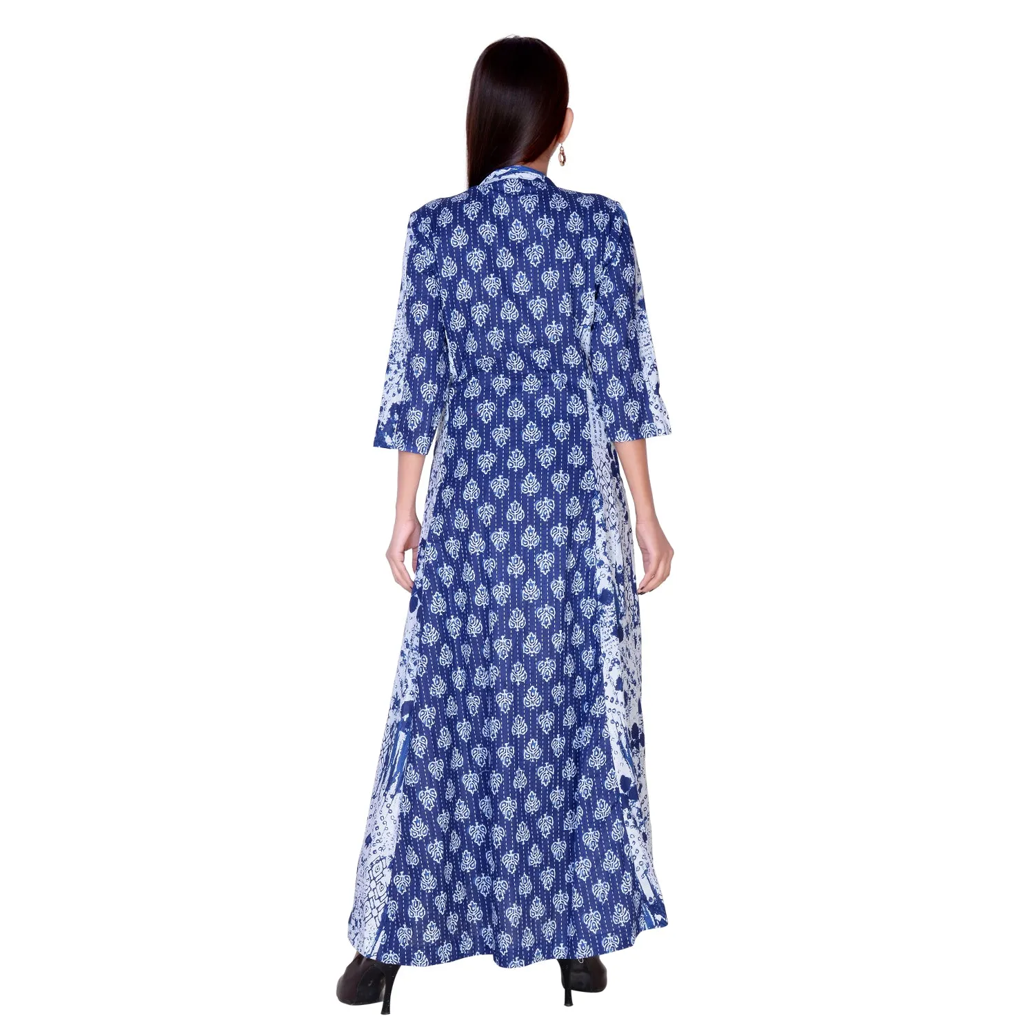 Floor Length Cotton Flared Floral Blue