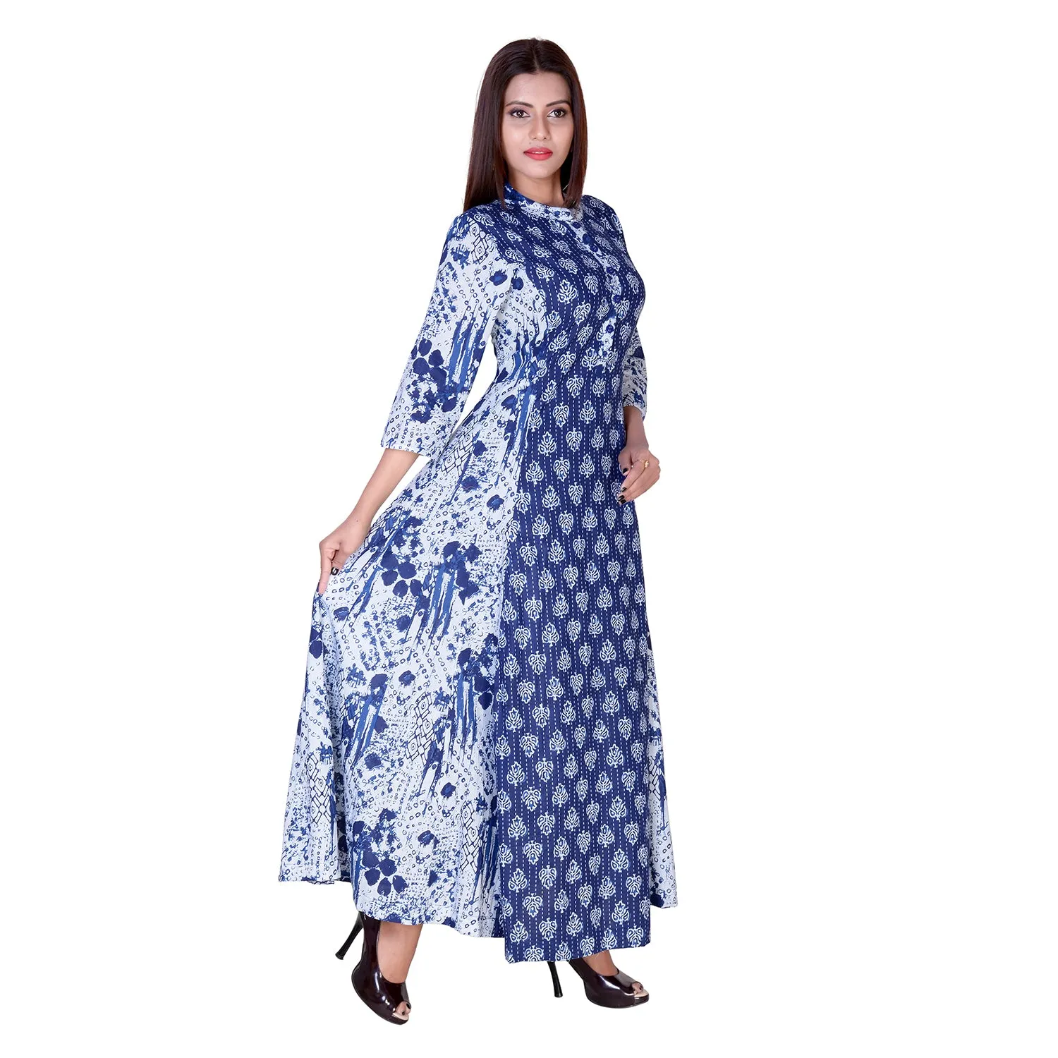 Floor Length Cotton Flared Floral Blue