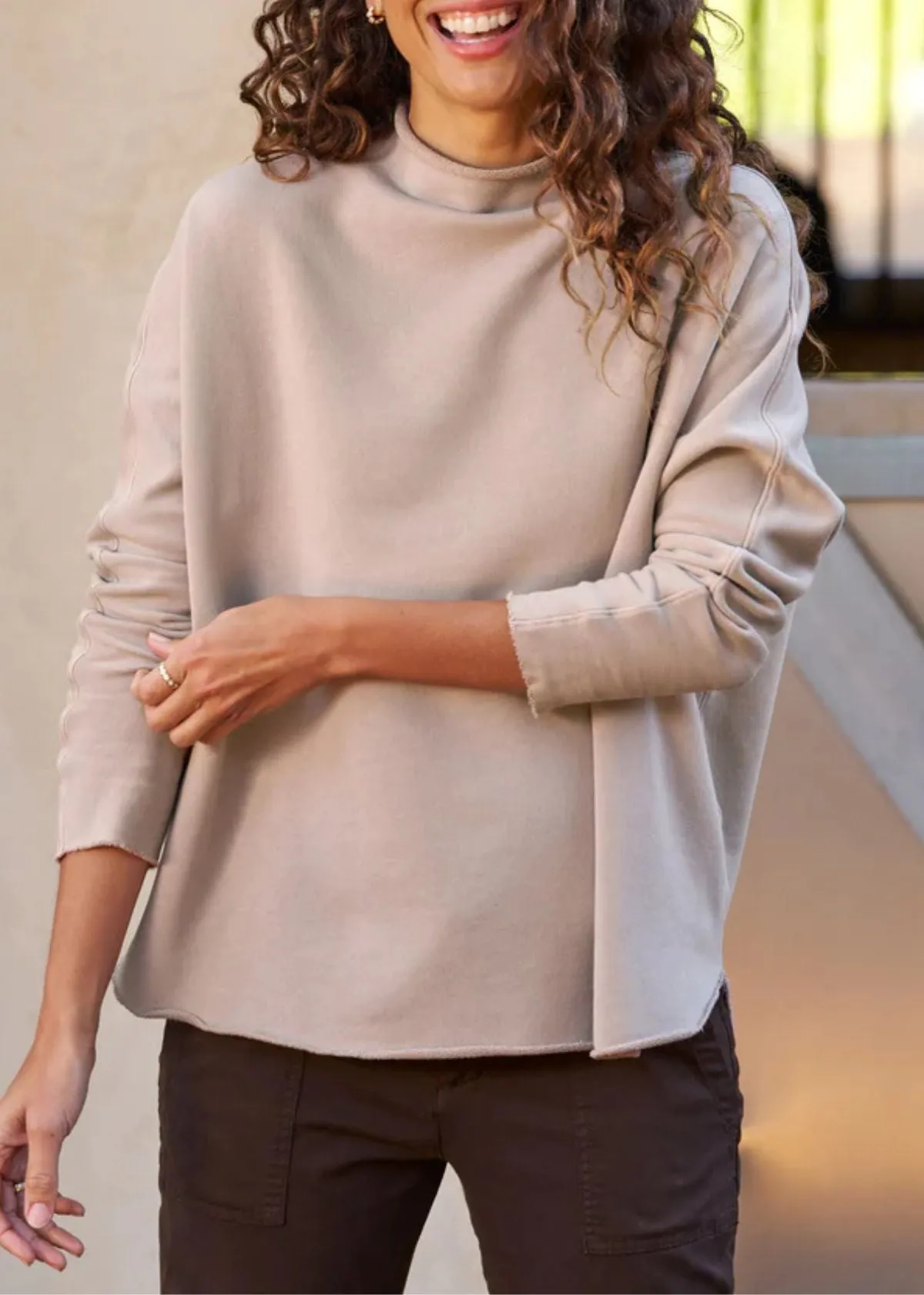 FRANK & EILEEN Effie Long Sleeve Funnel Neck Top - Biscotti