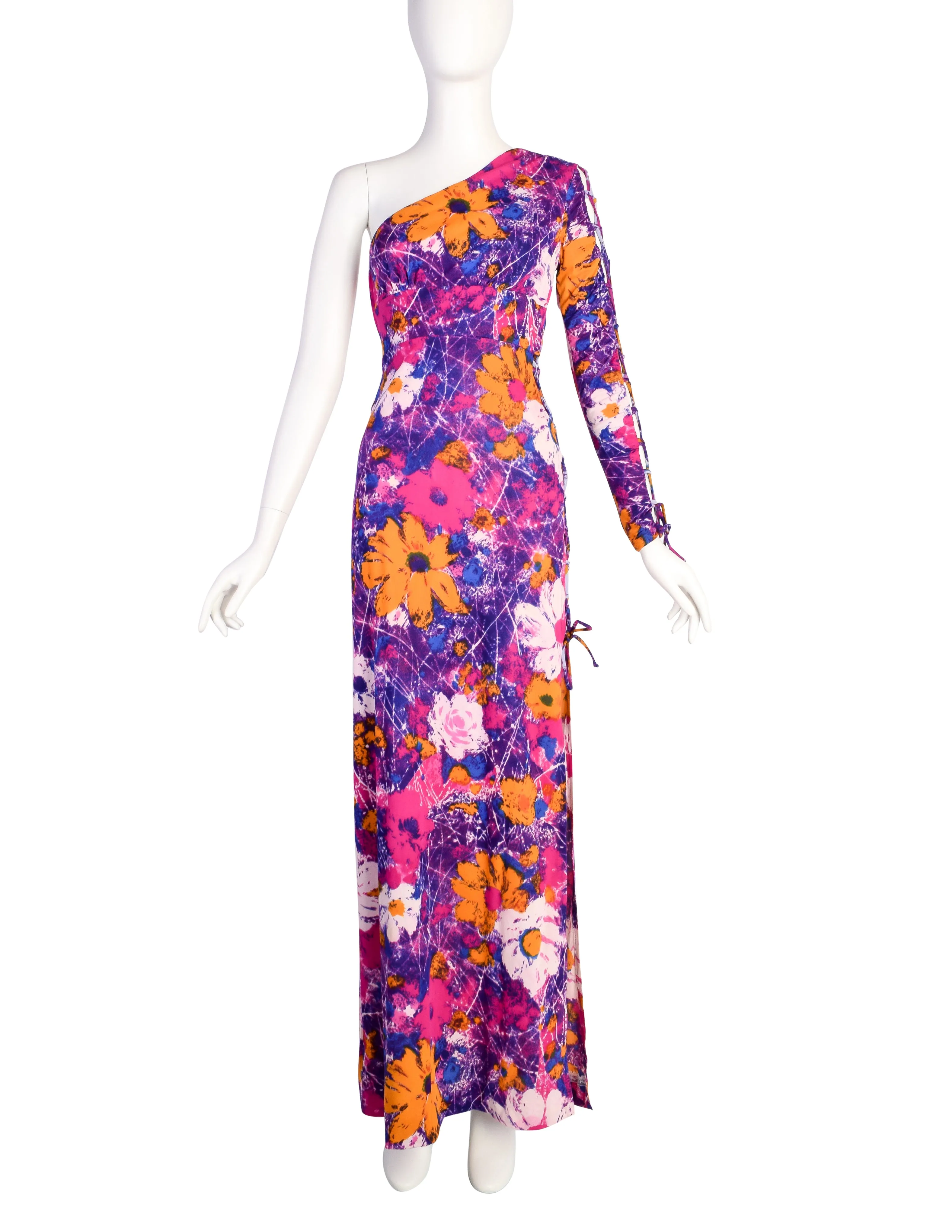 Frederick's of Hollywood Vintage 1970s Purple Floral One Shoulder Lace Up Detail Maxi Dress