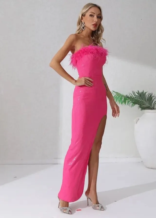 Fuzzy Trim Sequined Tube Maxi Dress