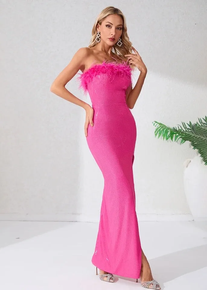 Fuzzy Trim Sequined Tube Maxi Dress