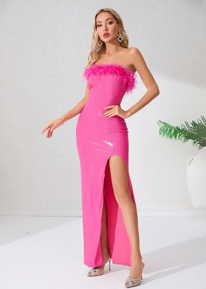 Fuzzy Trim Sequined Tube Maxi Dress