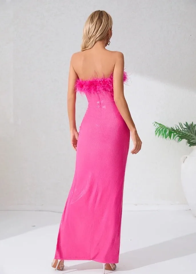 Fuzzy Trim Sequined Tube Maxi Dress