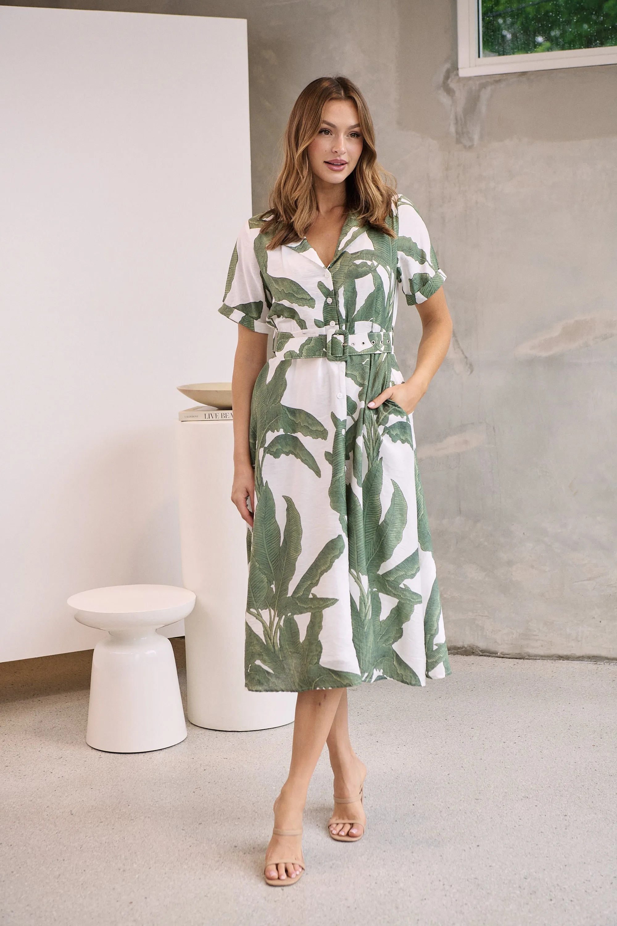 Gianna Leaf Green/White Palm Print Button Front Belted Midi Dress