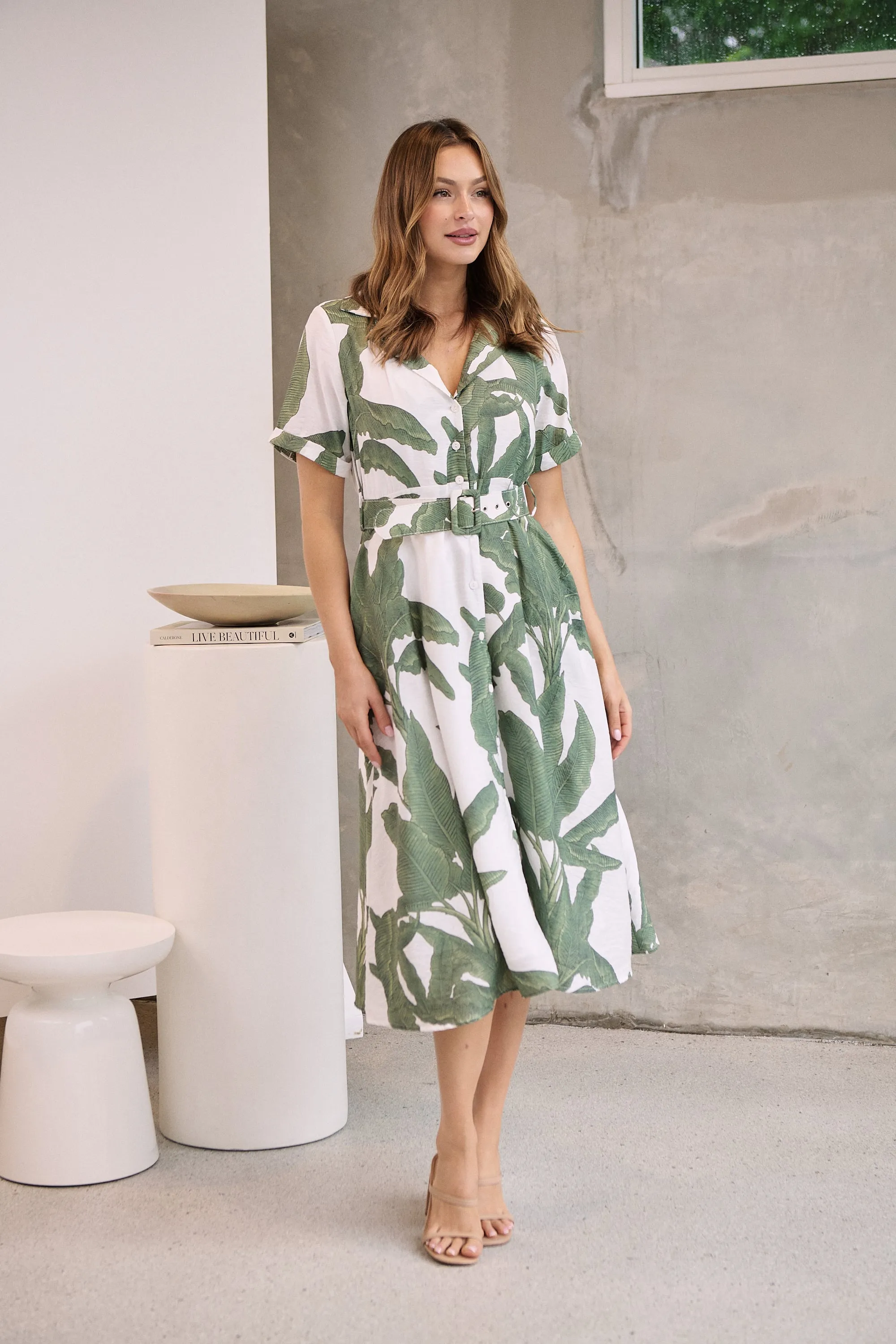 Gianna Leaf Green/White Palm Print Button Front Belted Midi Dress