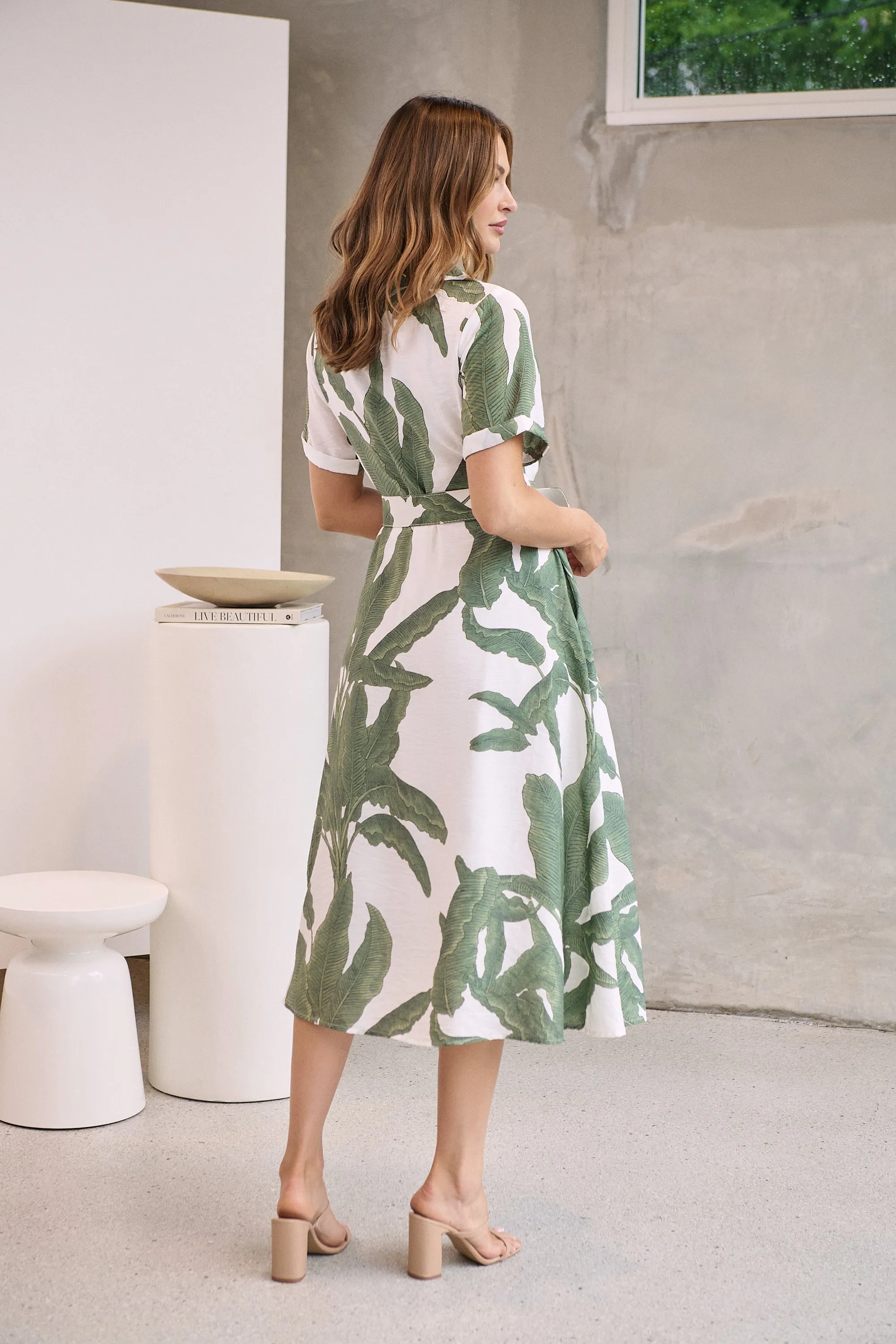 Gianna Leaf Green/White Palm Print Button Front Belted Midi Dress