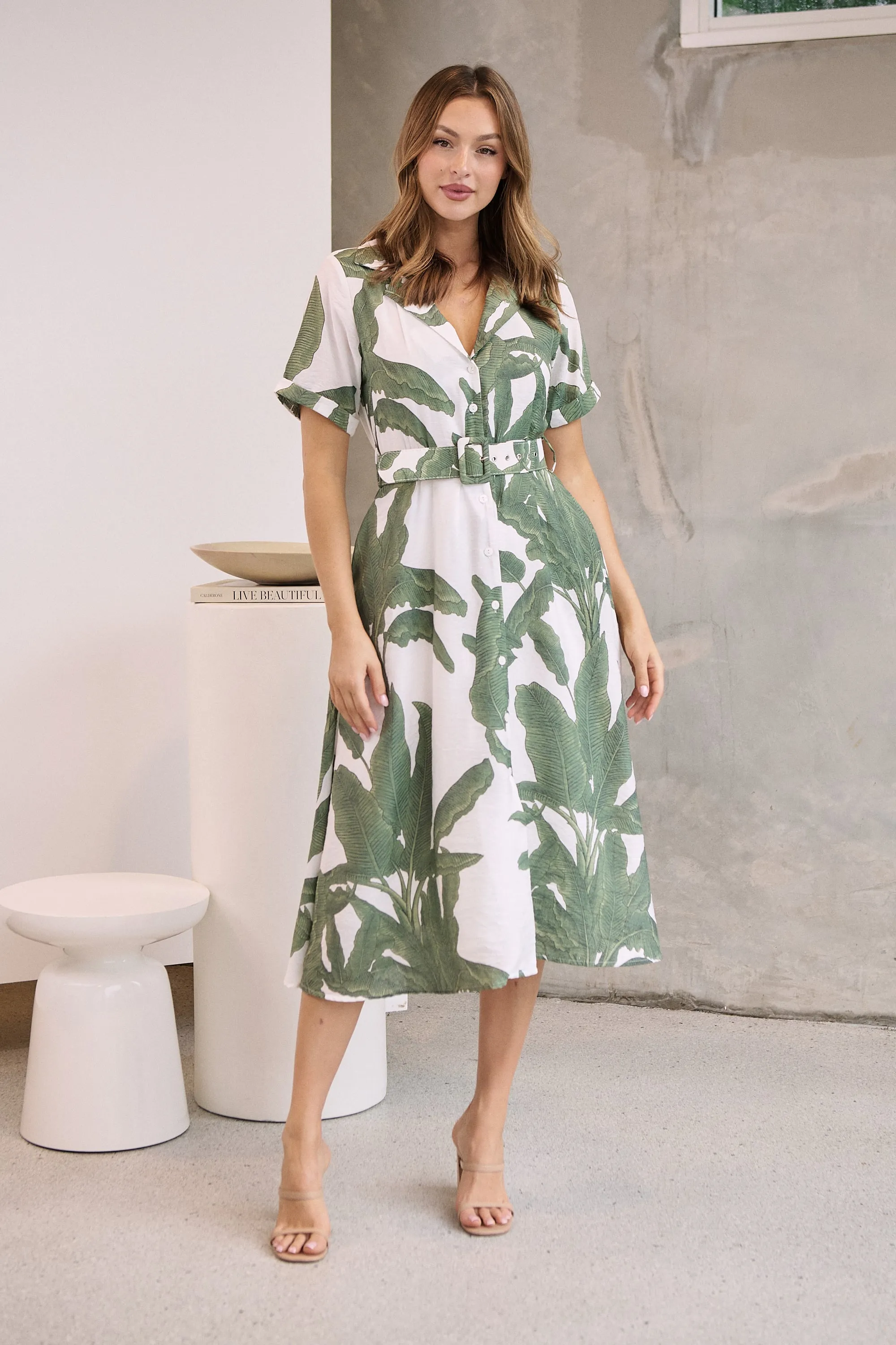 Gianna Leaf Green/White Palm Print Button Front Belted Midi Dress