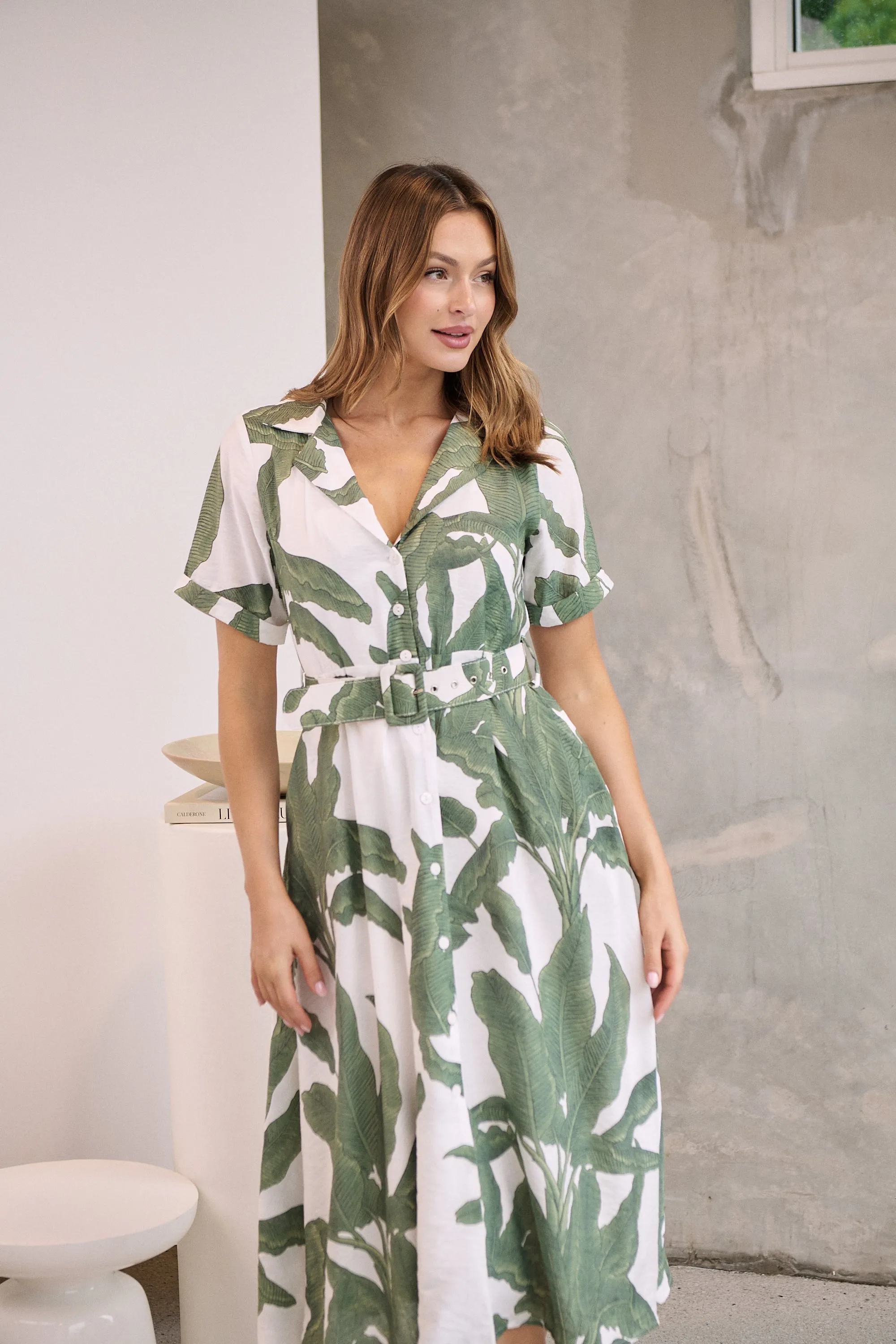 Gianna Leaf Green/White Palm Print Button Front Belted Midi Dress