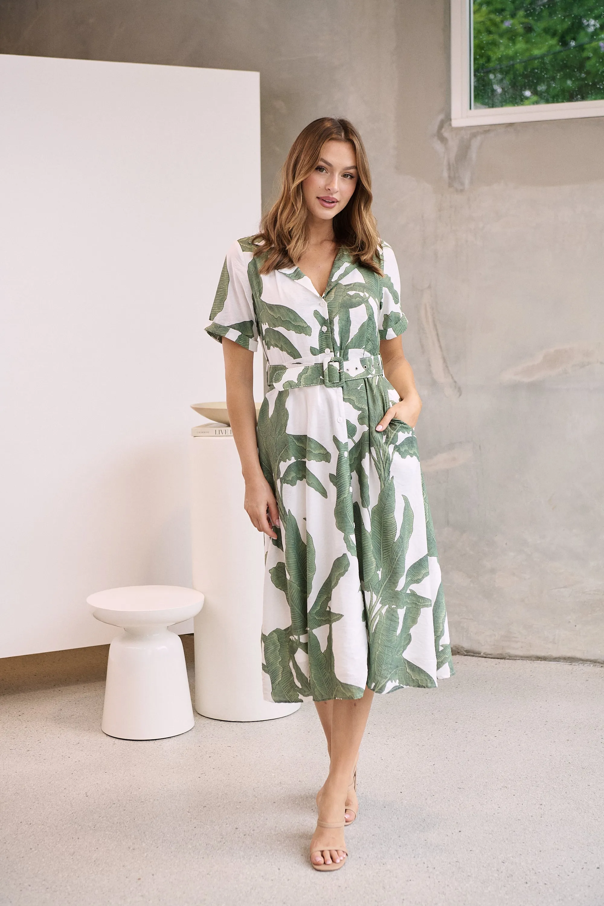 Gianna Leaf Green/White Palm Print Button Front Belted Midi Dress