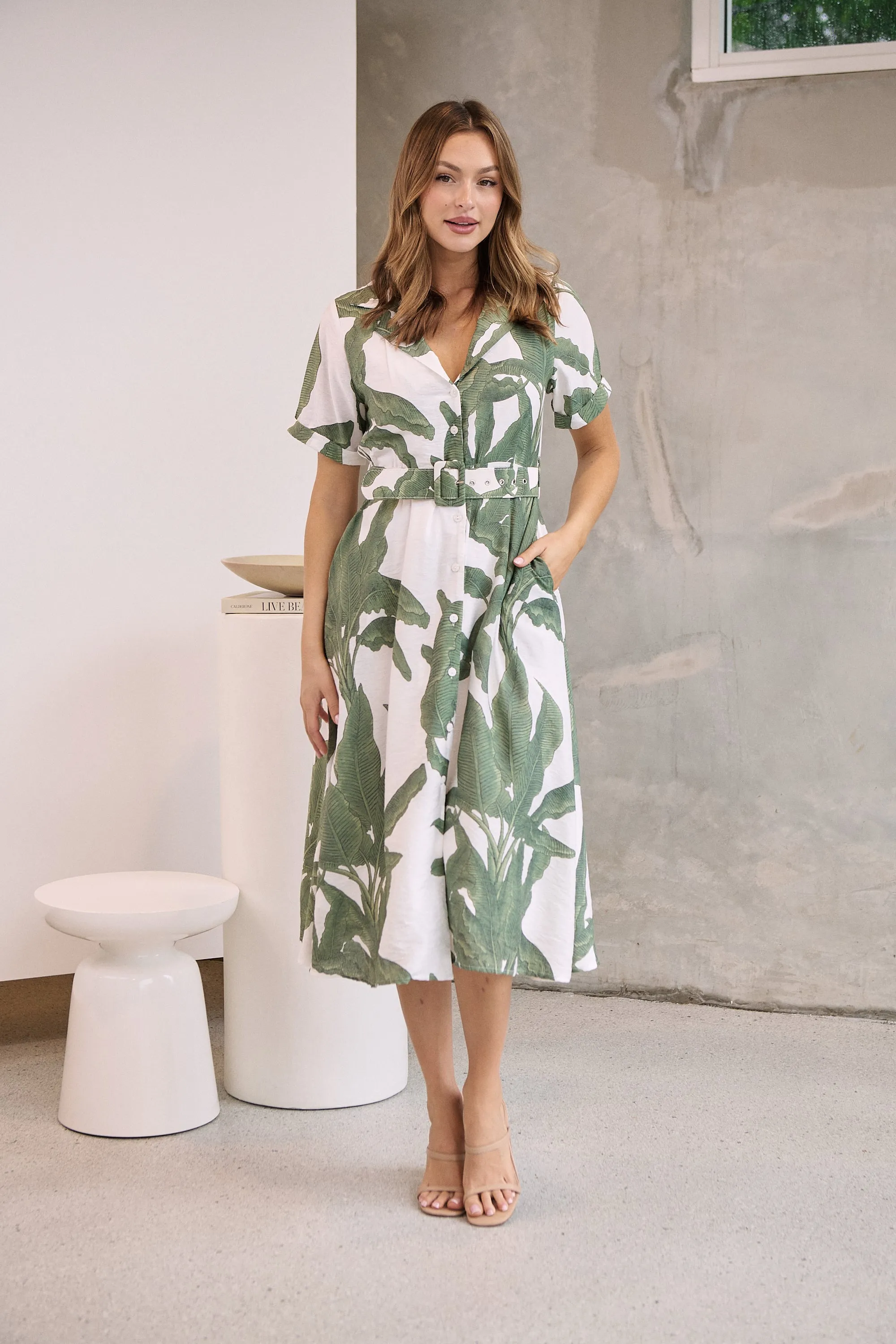 Gianna Leaf Green/White Palm Print Button Front Belted Midi Dress