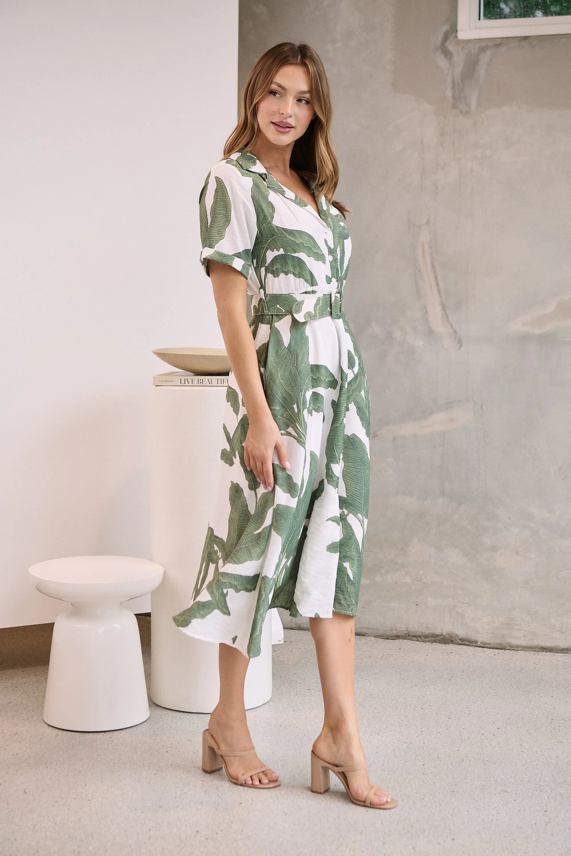 Gianna Leaf Green/White Palm Print Button Front Belted Midi Dress