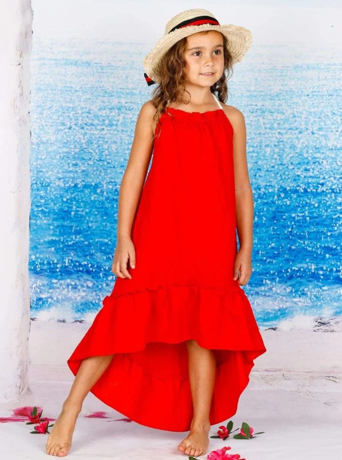 Girl Sleeveless Halter Strap Hi-Low Ruffle Maxi Dress